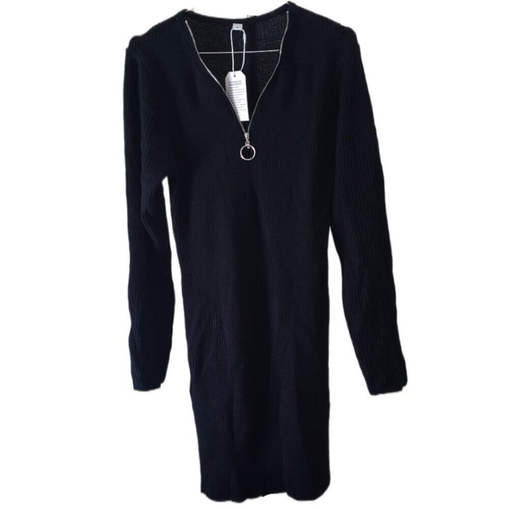 New Made with Love Women's Black Ribbed Sweater with 1/4 Zip Neckline